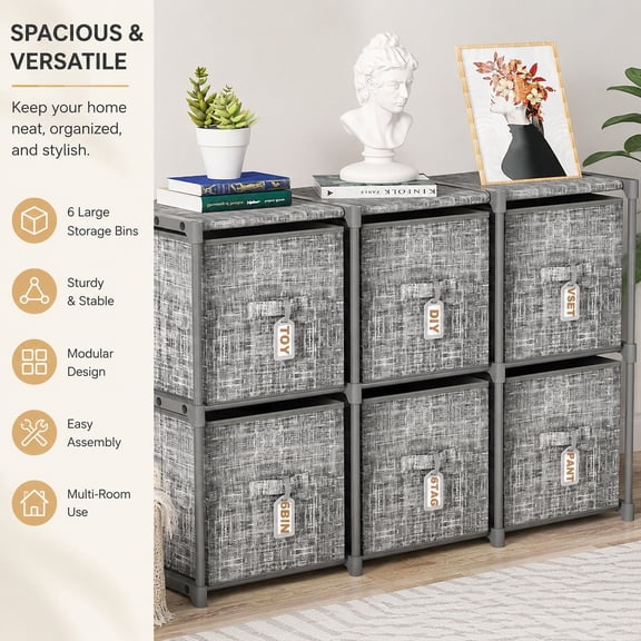 Cube Storage Organizer Shelf with 6 Printed Bins and Labels, Adjustable Modular Cubby Storage, Large Capacity Shelves for Closet, Living Room, Dorm, Yarn Storage