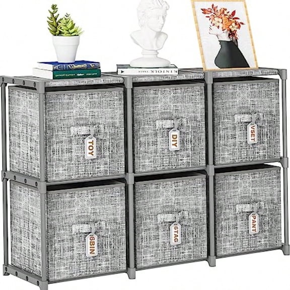 Cube Storage Organizer Shelf with 6 Printed Bins + Labels Cubby Storage Organizer with Bins Large Capacity Shees for Storage Closet Living Room Dorm Yarn