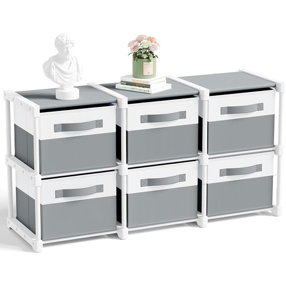 Cube Storage Organizer Shelf Unit with 6 Gray & White Fabric Collapsible Drawer Bins, 14 Inch Cubby Shelving for Toys, Clothes, and Crafts, Minimalist Style