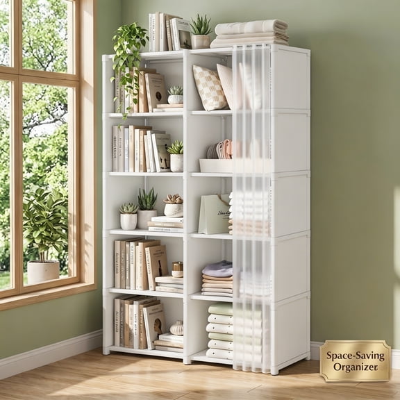Cube Storage Organizer with Sliding Dustproof Curtain, 5-Tier DIY Freestanding Bookshelf & Closet Wardrobe, Translucent Cover Storage Cabinet for Bedroom, Living Room, Office,White