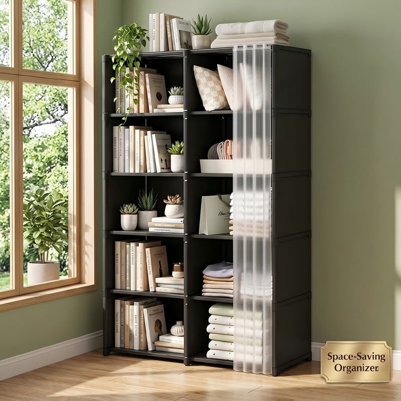 Cube Storage Organizer with Sliding Dustproof Curtain, 5-Tier DIY Freestanding Bookshelf & Closet Wardrobe, Translucent Cover Storage Cabinet for Bedroom, Living Room, Office,Black
