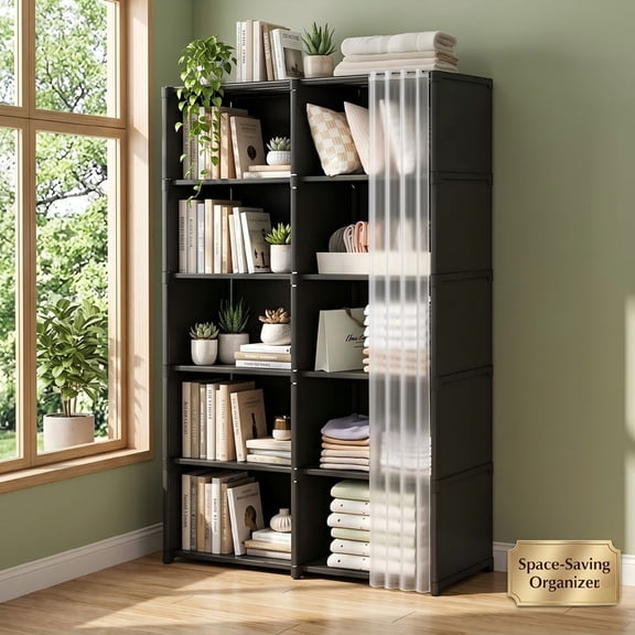 Cube Storage Organizer with Sliding Dustproof Curtain, 5-Tier DIY Freestanding Bookshelf & Closet Wardrobe, Translucent Cover Storage Cabinet for Bedroom, Living Room, Office,Black
