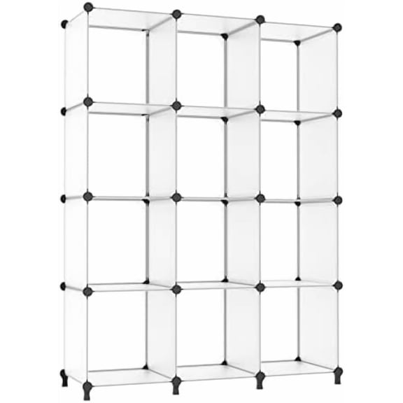Cube Storage Organizer Storage 12 Cube Bookshelf DIY Plastic Closet Storage Shelves with Wooden Mallet, Ideal Storage Solution for Home, Bedroom, Translucent White