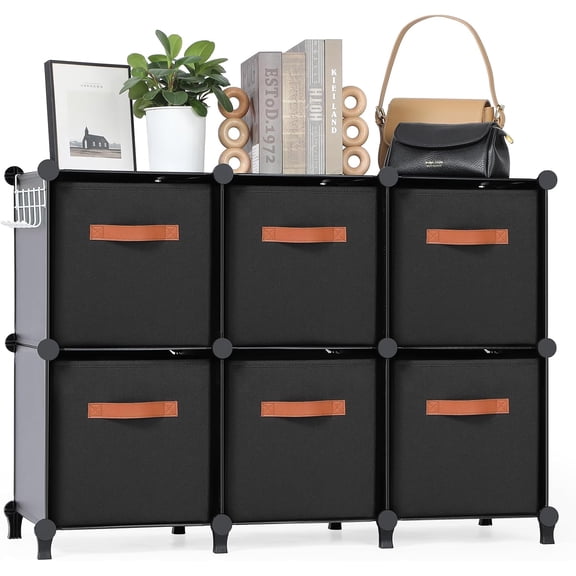 Cube Storage Organizer with Storage Bins, 6-Cube Shelves Units with 6 Organizer Bins, DIY Plastic Storage Shelves with Mallet, Closet Clothes Storage Shelves for Home, Bedroom, Living Room