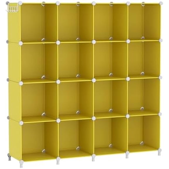 Cube Storage Organizer, Storage Cubes Shelves, 16 Cube Closet Organizers and Storage, DIY Stackable Bookshelf Plastic Clothes Organizer Shelving for Bedroom, Home, Yellow