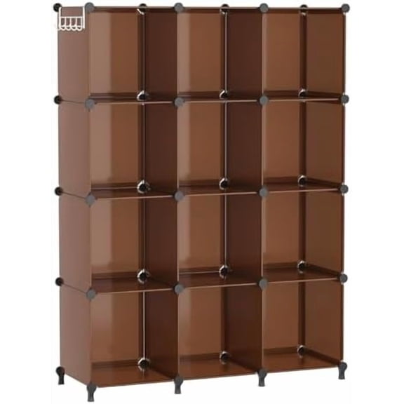 Cube Storage Organizer, Storage Cubes Shelves Bookshelf, 12 Cube Closet Organizers and Storage, DIY Stackable Plastic Clothes Organizer Shelving for Bedroom, Home, Cocoa Brown