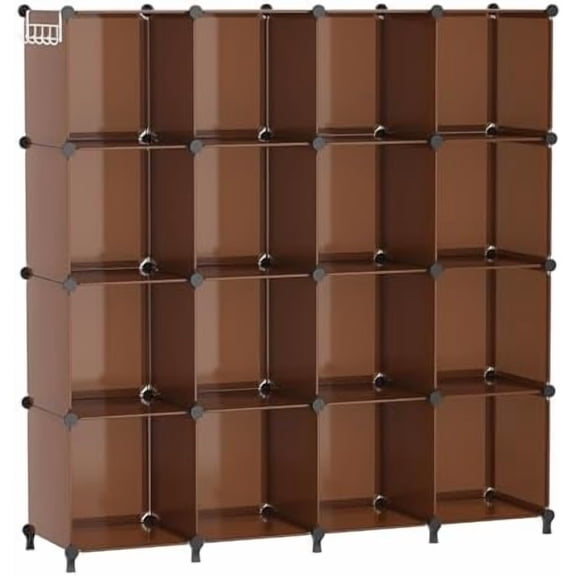 Cube Storage Organizer, Storage Cubes Shelves Bookshelf, 16 Cube Closet Organizers and Storage, DIY Stackable Plastic Clothes Organizer Shelving for Bedroom, Home Office, Cocoa Brown