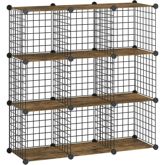 Cube Storage Organizer, Wire Cube Storage, 9-Cube Metal Grid Storage Shelf, Modular Cabinet, DIY Cube Bookshelf, for Living Room, Bedroom, Study, Rustic Brown and Black