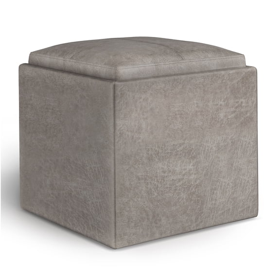 Cube Storage Ottoman with Flip-Top Tray, Faux Leather Footstool Pouf with Storage for Living Room