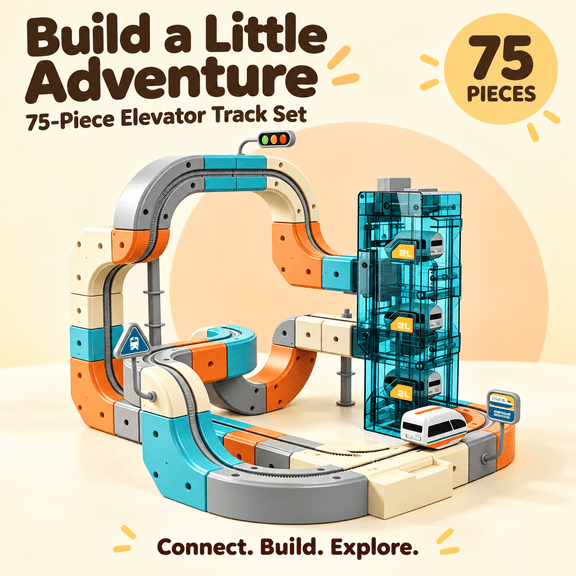 Cube Track 75-Piece Electric Train Track Set with 1 Train and Automatic 3-Level Elevator, Ages 3+