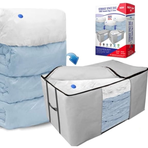 Cube Vacuum Storage Bags Space Saver Bags Premium Totes with Cubic Vacuum Compression Seal Bags for Clothing Bedding. Jumbo Organizer for Storing Clothes Comforters Blankets Pillows More