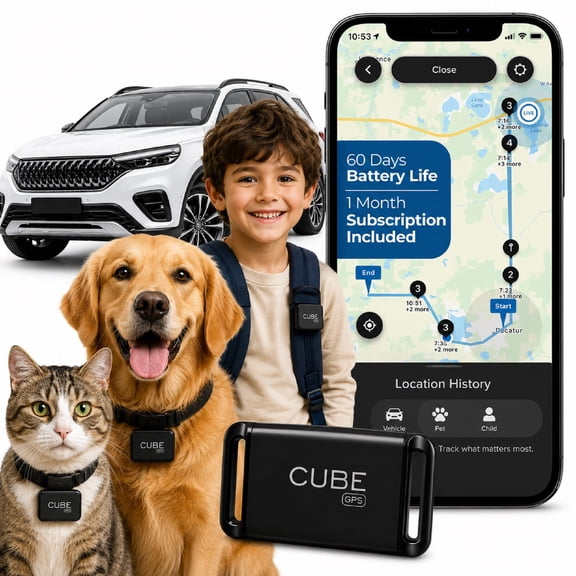 Cube GPS Tracker for Vehicles Assets Kids, Mini GPS Trackers for Dogs, Car Tracker Device: Real Time Worldwide Location SOS Pings Geo-Fencing + Rechargeable Battery Requires Subscription