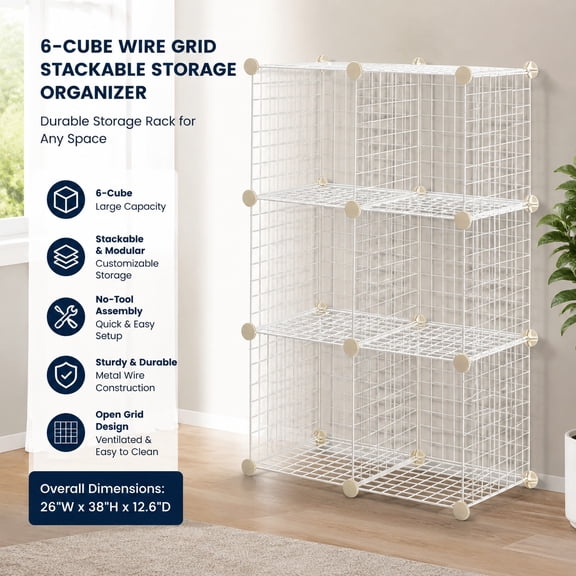 Cube Wire Grid Storage Organizer, 6-Cube Stackable Shelving Unit, 12 x 12 Inches, White, Modular Storage Solution for Home and Office