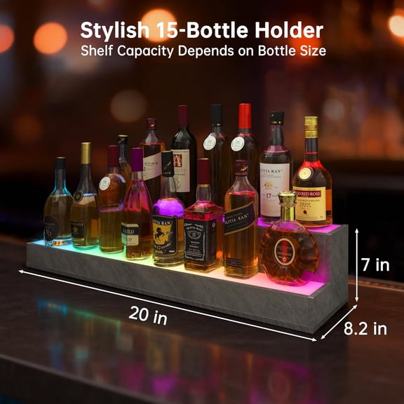 Cubehom LED Lighted Liquor Bottle Display Shelf, 38 Inch Bar Display Shelf,  Illuminated Bottle Shelf with App & Remote Control, 2 Step Freestanding Holding Bottles for Home Bar, Party, Grey