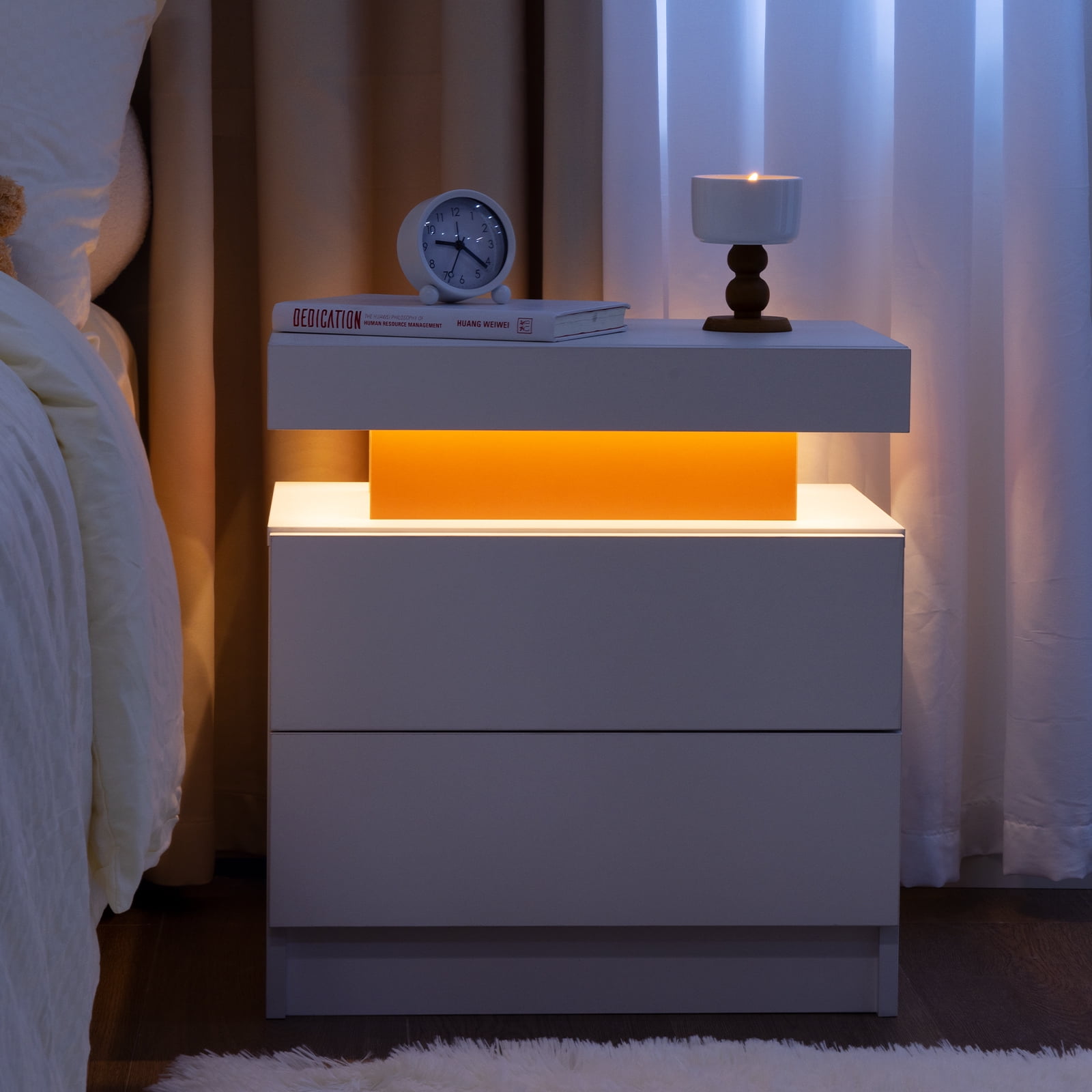 Cubehom LED Nightstand, End Side Table with 2 Drawers and LED Lights