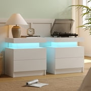 Cubehom Modern LED Nightstand Set of 2, 2-Drawer Wood Bedside Table with Remote Control, White Side Table for Adult Bedroom