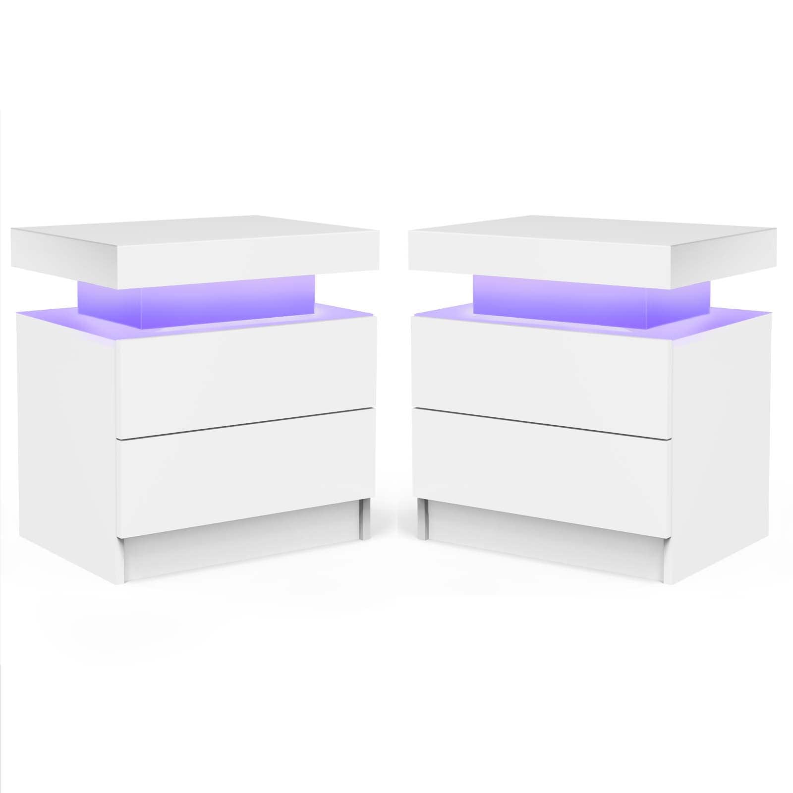 Cubehom LED Nightstand Set of 2 Modern Wood Bedside Table with 2 Drawers Table for Adults Bedroom Room White