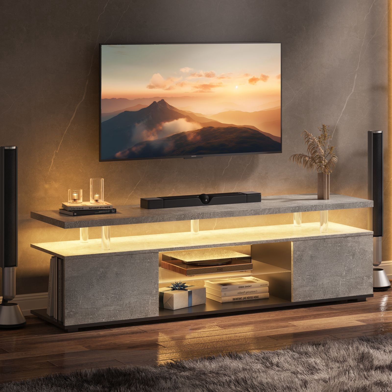 Cubehom LED TV Stand Entertainment Center with Storage Wood Gaming TV for 70 inch TV for Adults Living Room Gray
