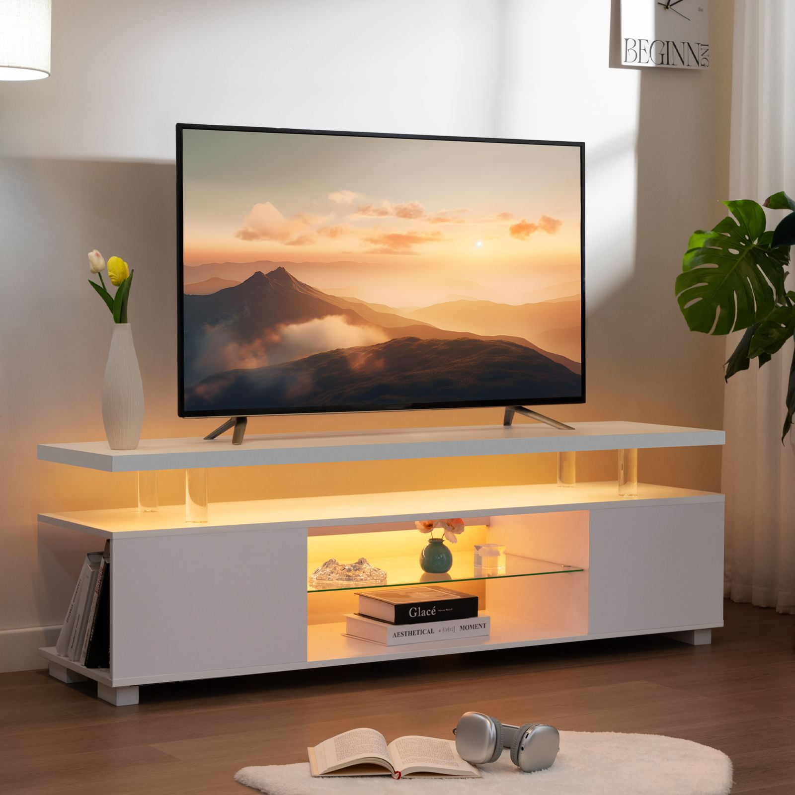 Cubehom LED TV Stand for 60 inch TV 51 Wood Entertainment Center with Storage White