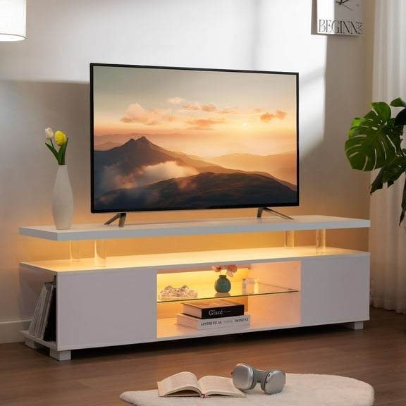 Cubehom LED TV Stand for 60 inch TV,  51'' Wood Entertainment Center with Storage, White
