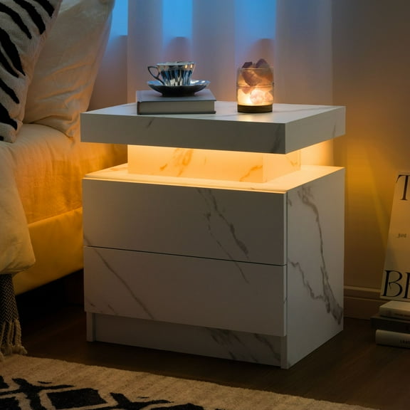 Cubehom Nightstand LED Bedside Table with 2 Drawers Modern Wood for Adults Bedroom Room White Marble