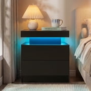 Cubehom Nightstand LED End Side with 2 Drawers Table Modern Wood Bedside Table for Adults Bedroom Living Room Black