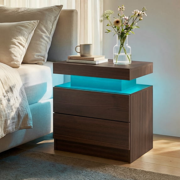 Cubehom Nightstand LED End Side with 2 Drawers Table Modern Wood ...