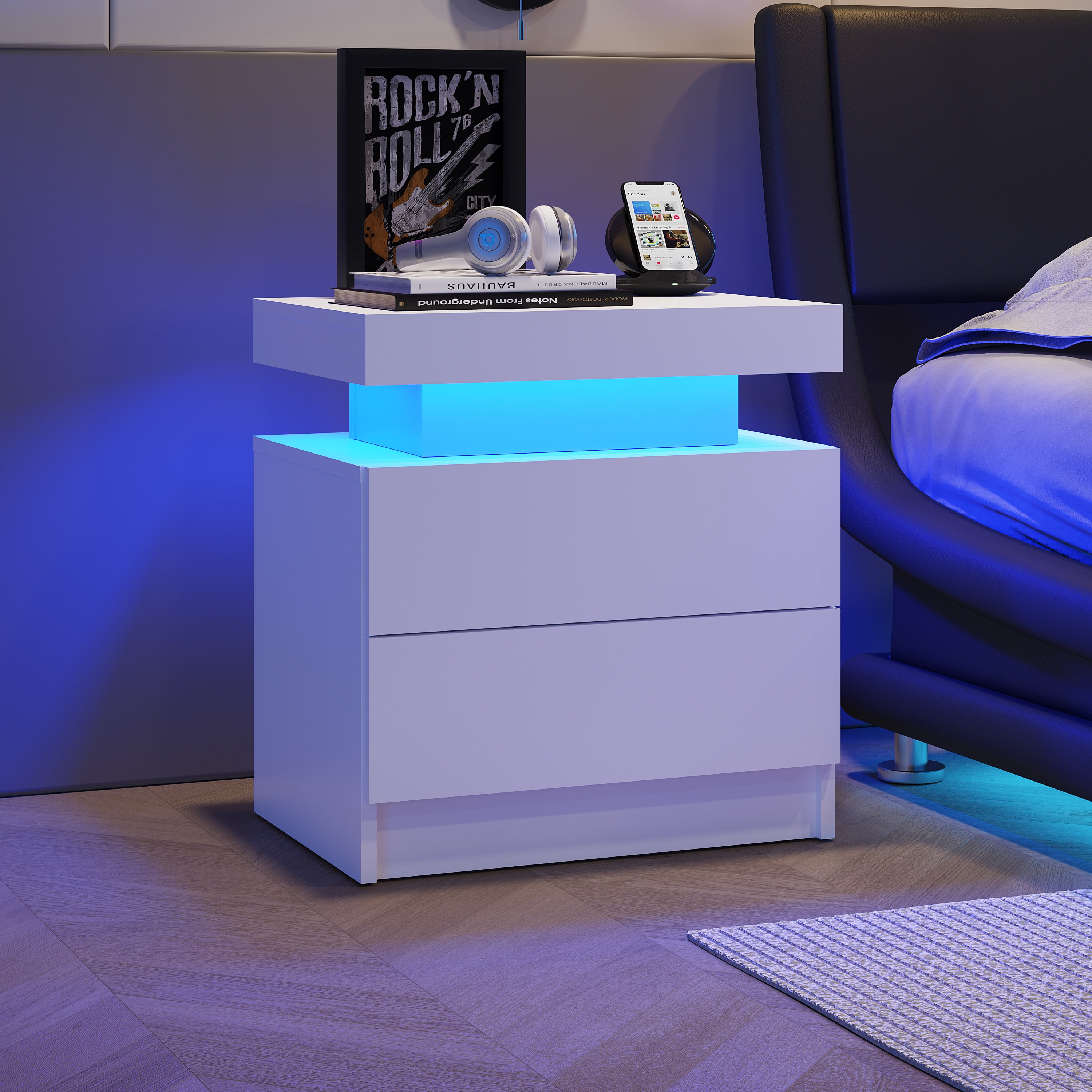 Cubehom Nightstand Set of 2 LED End Side with 2 Drawers Modern Wood 19*