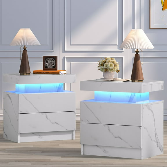 Cubehom Nightstand Set of 2 LED End Side with 2 Drawers Table Modern Wood Bedside Table for Adults Bedroom Living Room White Marble
