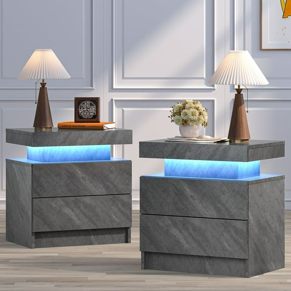 Cubehom Nightstand Set of 2 LED End Table Modern Wood Bedside Table with 2 Drawers for Adults Bedroom Room All Grey