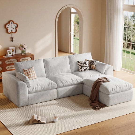 Cubente 108" Cloud Sectional Couch, Boneless Couch, L Shaped Couch with Ottoman, Chenille Modular Sofa for Living Room