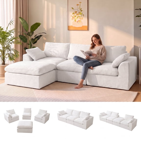 Cubente 108" Cloud Sectional Couch, Boneless Couch, L Shaped Couch with Ottoman, Chenille Modular Sofa for Living Room