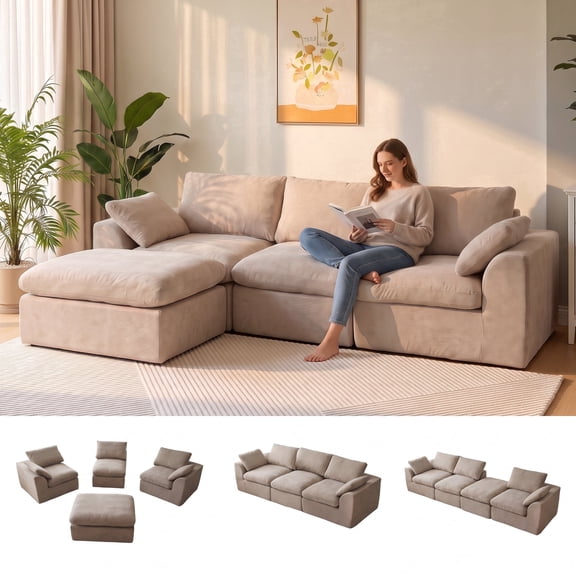 Cubente 108" Cloud Sectional Couch, Boneless Couch, L Shaped Couch with Ottoman, Chenille Modular Sofa for Living Room