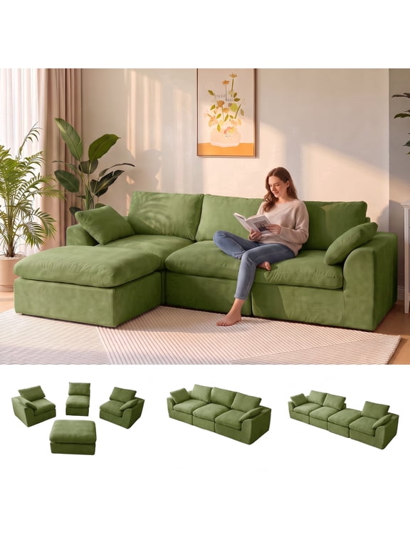 108" Cloud Sectional Couch, Boneless Couch, L Shaped Couch with Ottoman, Chenille Modular Sofa for Living Room