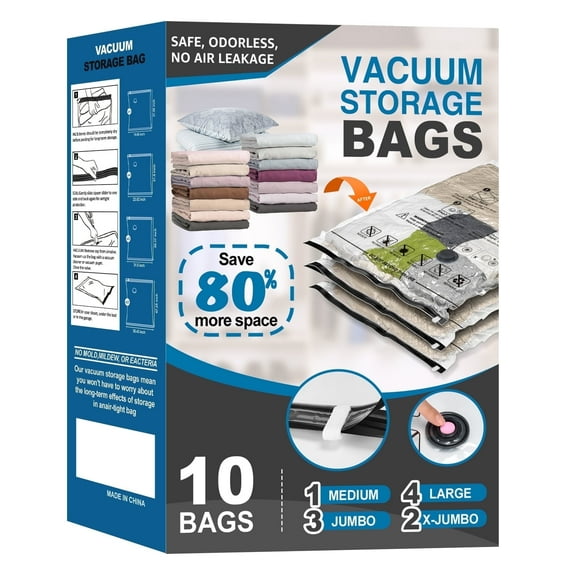 Cubepoint 10 Combo Vacuum Storage Bags, 2 X-Jumbo 3 Jumbo 4 Large 1 Medium Space Saver Storage Bags, Airtight Double Zipper Vacuum Seal Bags for Clothes, Comforters, Blankets