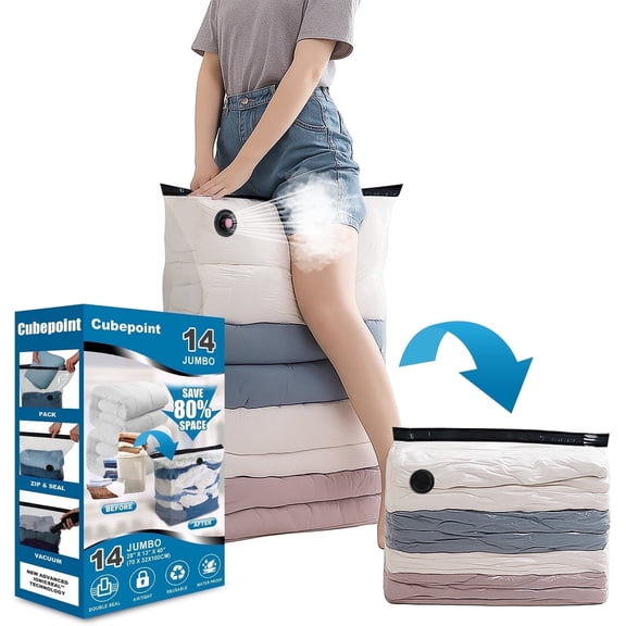 Cubepoint 14 Jumbo Cube Instant Space Saver Storage(27.5 X 12.6 X 39.35 in) , Jumbo Vacuum Storage Bags, Extra Large Vacuum Seal Bags for Clothing, Blankets, Comforters