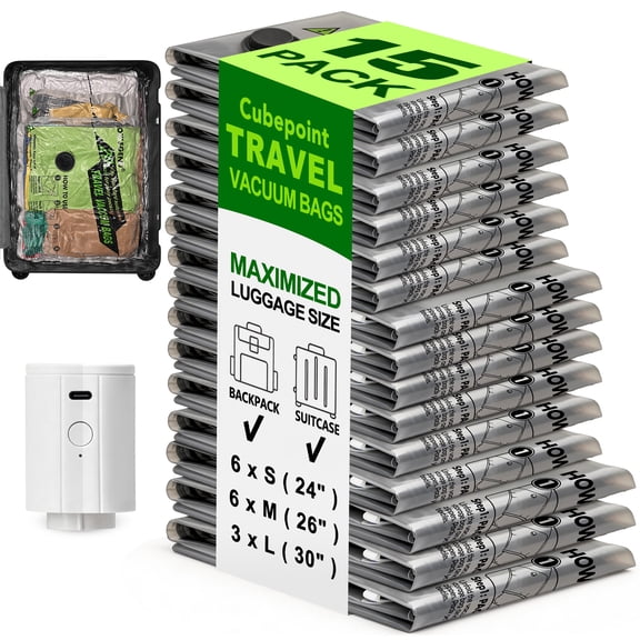 Cubepoint 15 Bags Travel Vacuum Bags with Rechargeable Air Pump, Carry-on Size Travel Vacuum Storage Bags, Compression Bags, Vacuum Seal Bags for Clothes and Travel