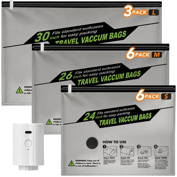 Cubepoint 15 Bags Travel Vacuum Bags with Rechargeable Pump, 3L+6M+6S Travel Vacuum Storage Bags, Compression Bags, Vacuum Seal Bags for Clothes and Travel