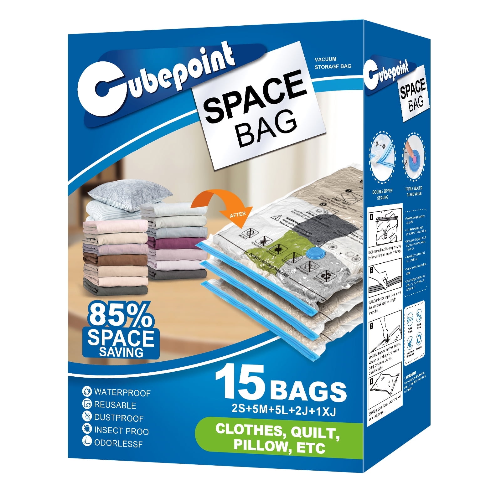 Cubepoint 15 Pack Space Bags Vacuum Storage Bags,1 X-Jumbo 2 Jumbo 5 Large 2 Medium 2 Small ...