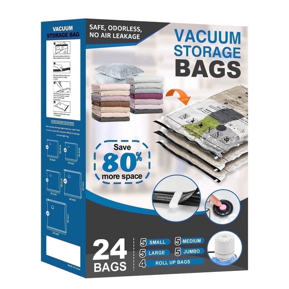 Cubepoint Vacuum Storage Bags with Electric Pump, 24 Combo Space Saver Storage Bags, Vacuum Seal Bags for Clothes, Includes Jumbo, Large, Medium, Small, Roll-Up Bags