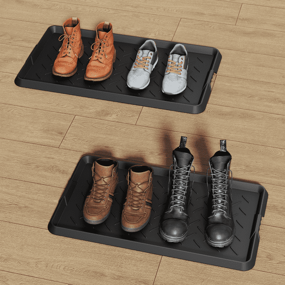 Cubepoint 2PCS Large Rubber Boot Tray, Waterproof Non-Slip Doormat for Entryway, All-Weather Versatile Pet Food Mats Tray with Raised Edge, 47"x16" Boot Mat Tray for Shoe Organizer Indoor/Outdoor Us