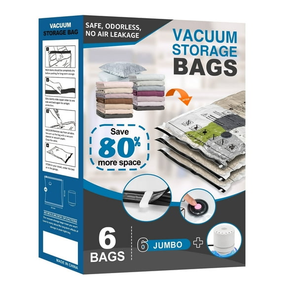 Cubepoint 6 Jumbo Vacuum Storage Bags with Electric Pump, Space Saver Bags, Airtight Double Zipper Vacuum Sealed Bags for Clothes, Comforters, Blankets
