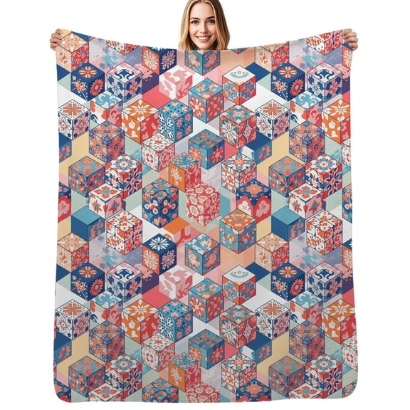 Cubes Floral Pattern Print Soft Blanket Travel Bedding Throws Flannel Bedspread Sofa Bed Cover