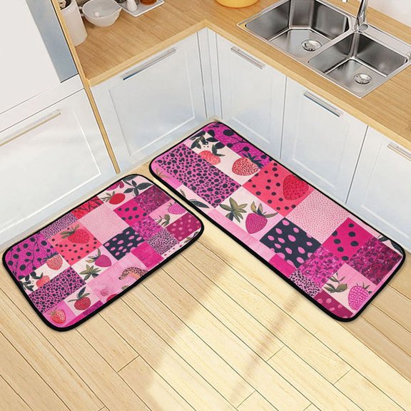 Cubes Pink Straberries Kitchen Mats Non Slip Standing Desk Mat Runner Rug Washable Kitchen Rugs for Floor 2PCS