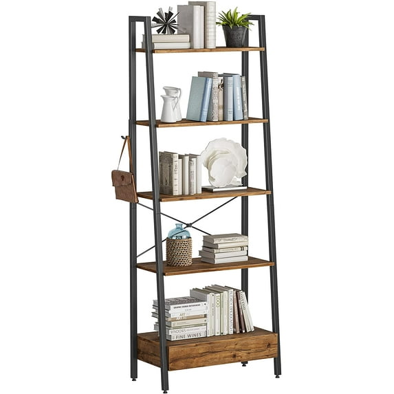 CubiCubi 5-Tier Ladder Shelf with Drawer, Storage Rack Shelves with Hooks, Grey Brown