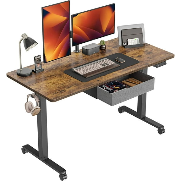 CubiCubi 55 x 24 Inch Standing Desk with Drawer, Electric Stand up Adjustable Height Electric Stand up Desk, Sit Stand Home Office Desk, Ergonomic Workstation Black Steel Frame/Rustic Brown Tabletop