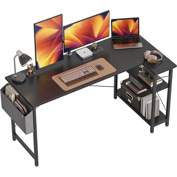 CubiCubi 55 x 28inch L Shaped Desk Small Computer Desk with Storage Shelves, Black