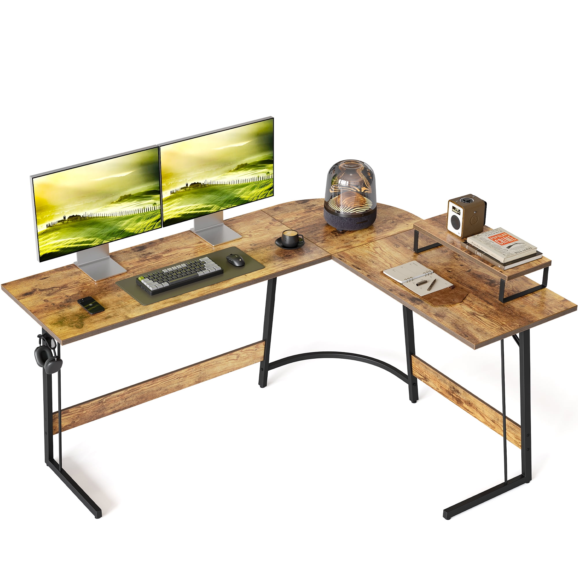 CubiCubi 59x47 inch L Shaped Gaming Desk Computer Office Desk Corner Desk with Large Monitor Stand for Home Office Study Writing Workstation Rustic Brown Walmart Business Supplies