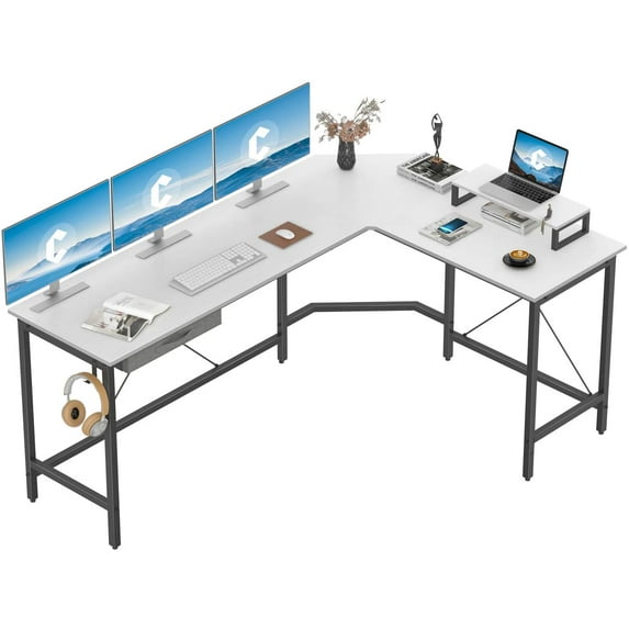 CubiCubi 67 x 47inch L Shaped Computer Corner Desk with Small Table and Fabric Drawer, White Finish