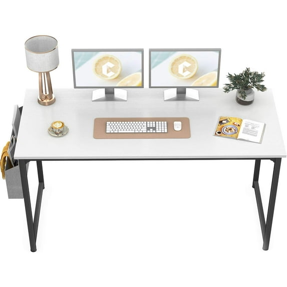 CubiCubi Computer Desk with Particle Board, Black Metal Frame, White Finish,63"